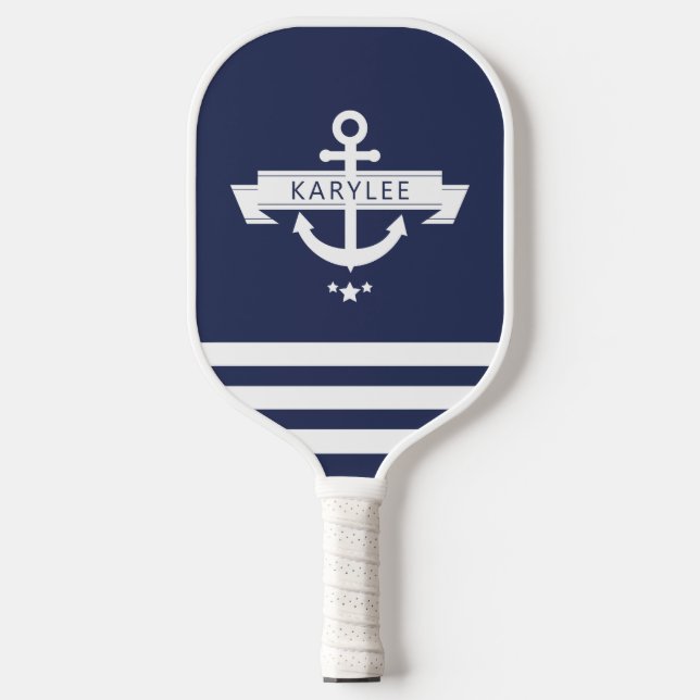 Nautical Anchor Navy Blue Personalized Pickleball Paddle (Front)
