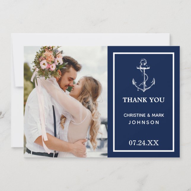 Nautical Anchor Navy Blue Photo Thank You Card (Front)