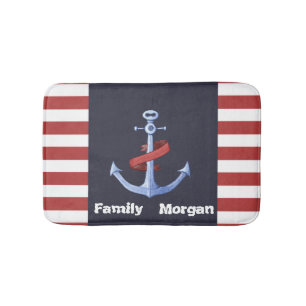 Nautical Anchor Navy Blue,Red Stripes Bath Mat