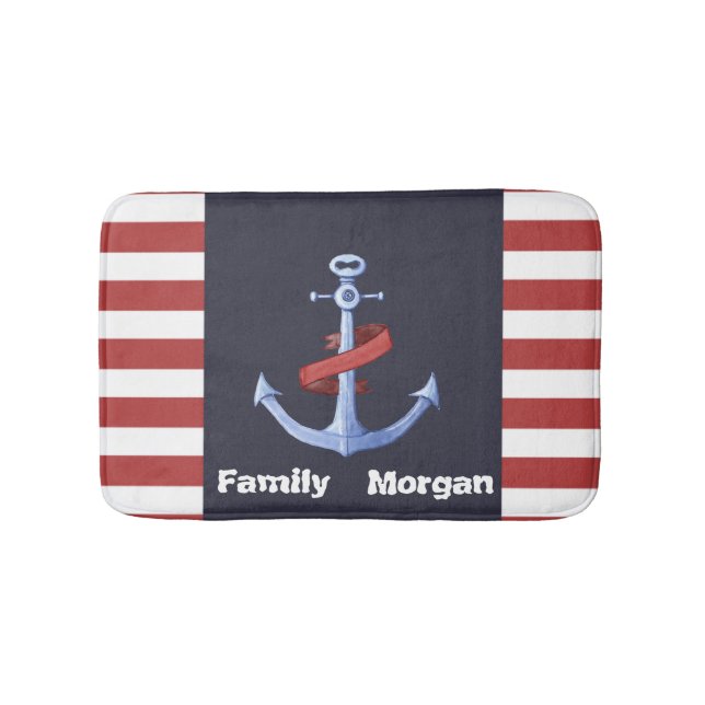 Nautical Anchor Navy Blue,Red Stripes Bath Mat (Front)