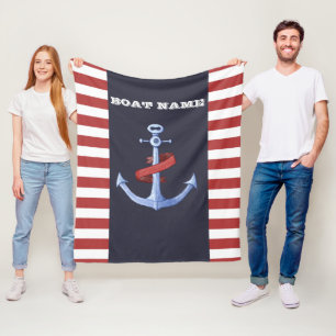 Nautical Anchor, Navy Blue,Red Stripes Fleece Blanket
