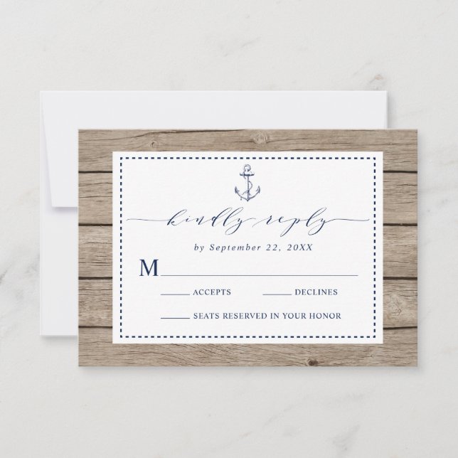 Nautical Anchor Navy Blue Rustic Wood RSVP Card (Front)