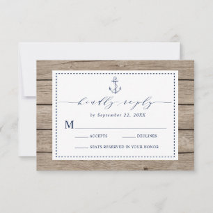 Nautical Anchor Navy Blue Rustic Wood RSVP Card