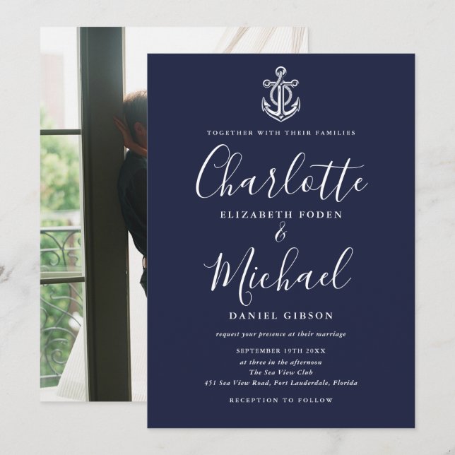 Nautical Anchor Navy Blue Script Photo Wedding Invitation (Front/Back)