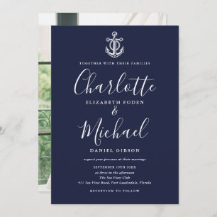 Nautical Anchor Navy Blue Script Photo Wedding Invitation