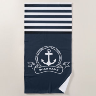 Nautical Anchor Navy Blue Stripe Beach Towel