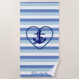 Nautical Anchor Navy Blue Stripe Beach Towel