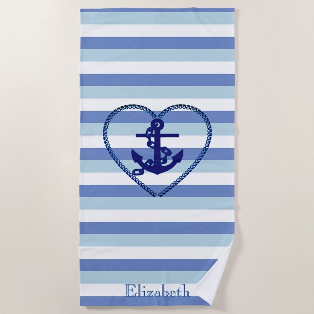 Nautical Anchor Navy Blue Stripe Beach Towel (Front)