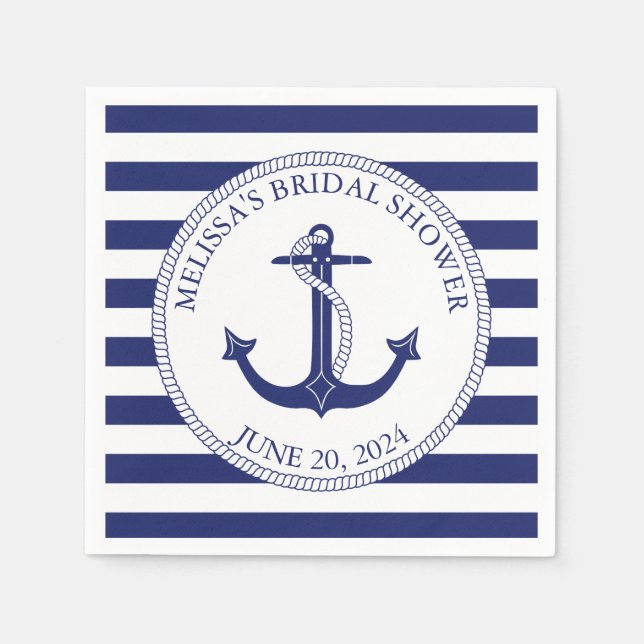 Nautical Anchor Navy Blue Stripe Bridal Shower Napkin (Front)