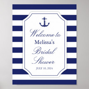 Nautical Anchor Navy Blue Stripe Bridal Shower Poster