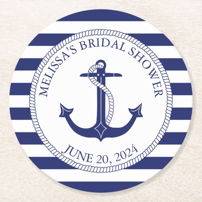 Nautical Anchor Navy Blue Stripe Bridal Shower Round Paper Coaster (Front)