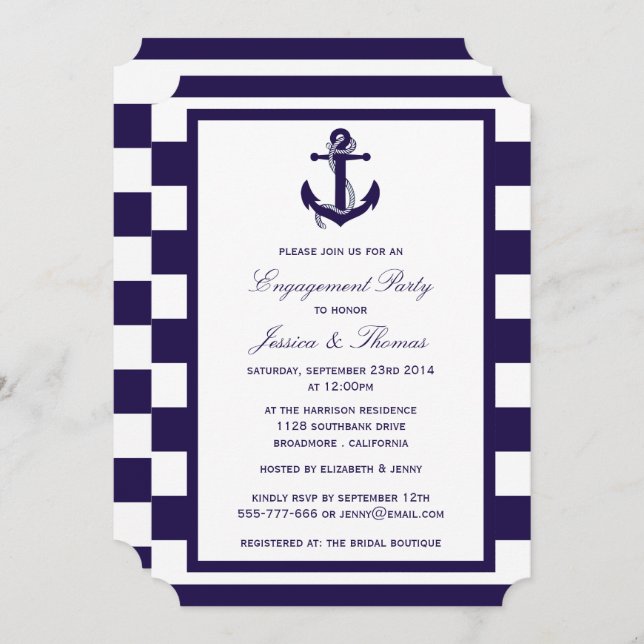 Nautical Anchor Navy Blue Stripe Engagement Party Invitation (Front/Back)