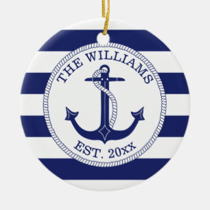 Nautical Anchor Navy Blue Stripe Monogrammed Ceramic Tree Decoration