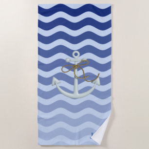 Nautical Anchor Navy Blue Stripe Waves Beach Towel