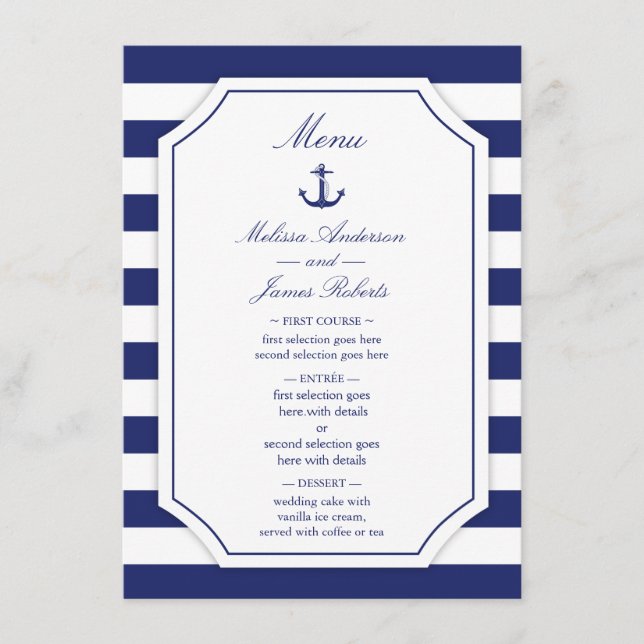 Nautical Anchor Navy Blue Stripe Wedding Menu (Front)
