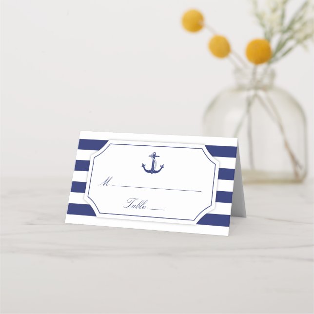 Nautical Anchor Navy Blue Stripe Wedding Place Card (Front)