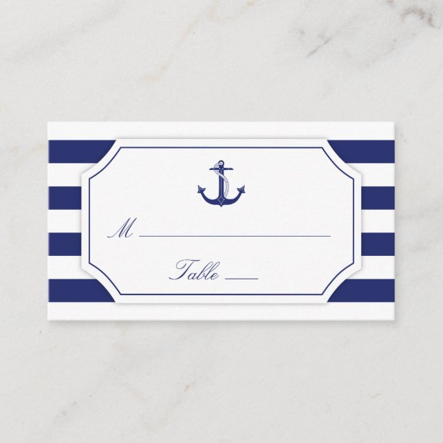 Nautical Anchor Navy Blue Stripe Wedding Place Card (Front)
