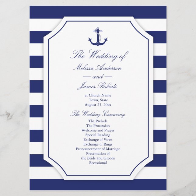 Nautical Anchor Navy Blue Stripe Wedding Program Programme (Front)