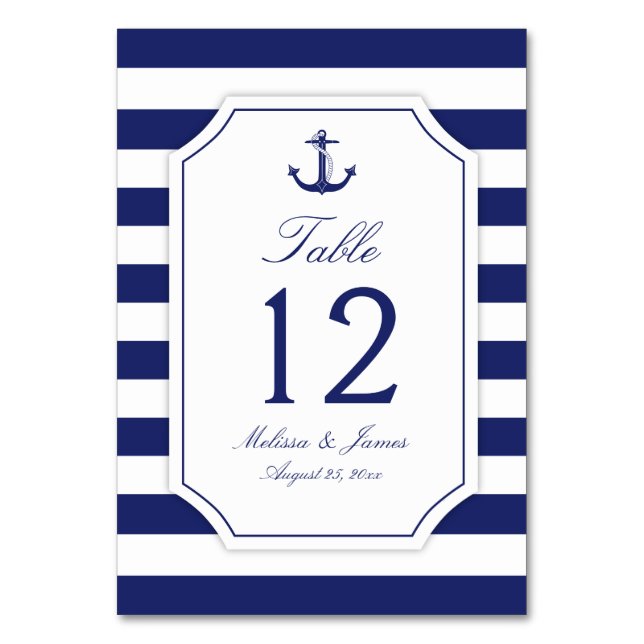 Nautical Anchor Navy Blue Stripe Wedding Table Number (Front)