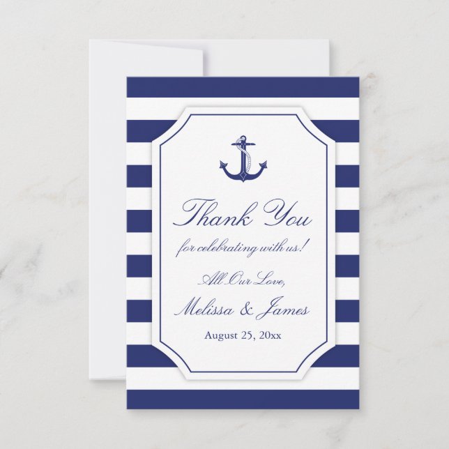 Nautical Anchor Navy Blue Stripe Wedding Thank You (Front)