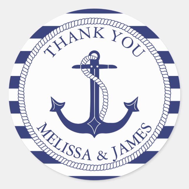 Nautical Anchor Navy Blue Stripe Wedding Thank You Classic Round Sticker (Front)