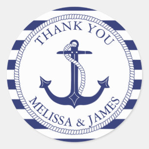 Nautical Anchor Navy Blue Stripe Wedding Thank You Classic Round Sticker