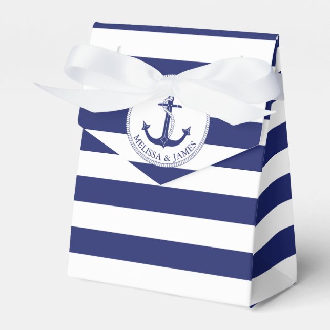 Nautical Anchor Navy Blue Stripe Wedding Thank You Favour Box (Front Side)