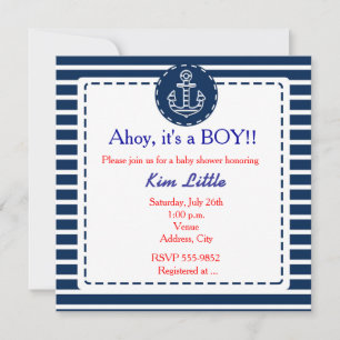 Nautical Anchor Navy Blue Striped Baby Shower Invitation