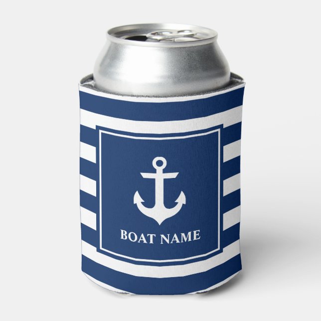 Nautical Anchor Navy Blue Striped Boat Name Can Cooler (Can Front)