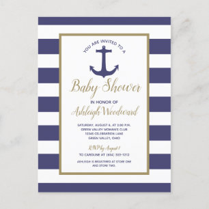 Nautical Anchor Navy Blue Striped Boy Baby Shower Invitation Postcard