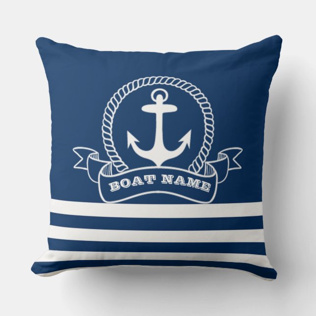 Nautical Anchor Navy Blue Striped  Cushion (Front)