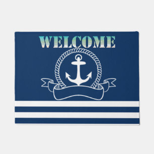 Nautical Anchor Navy Blue Striped Doormat