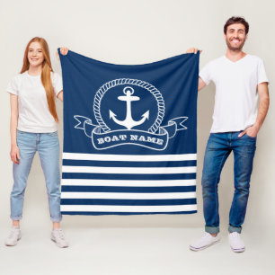 Nautical Anchor Navy Blue Striped Fleece Blanket