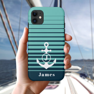 Nautical Anchor Navy Blue Striped Monogram iPhone 11 Case