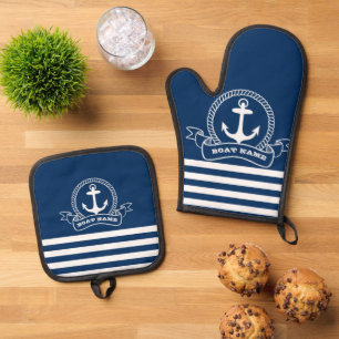 Nautical Anchor Navy Blue Striped Oven Mitt & Pot Holder Set