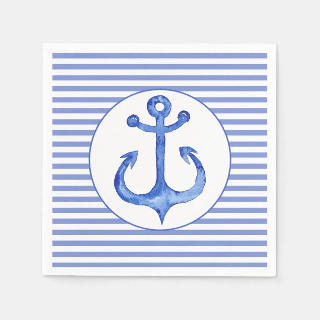 Nautical Anchor - Navy Blue Striped Paper Napkins (Front)