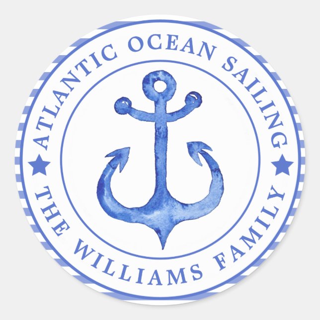 Nautical Anchor Navy Blue Striped Personalised Classic Round Sticker (Front)