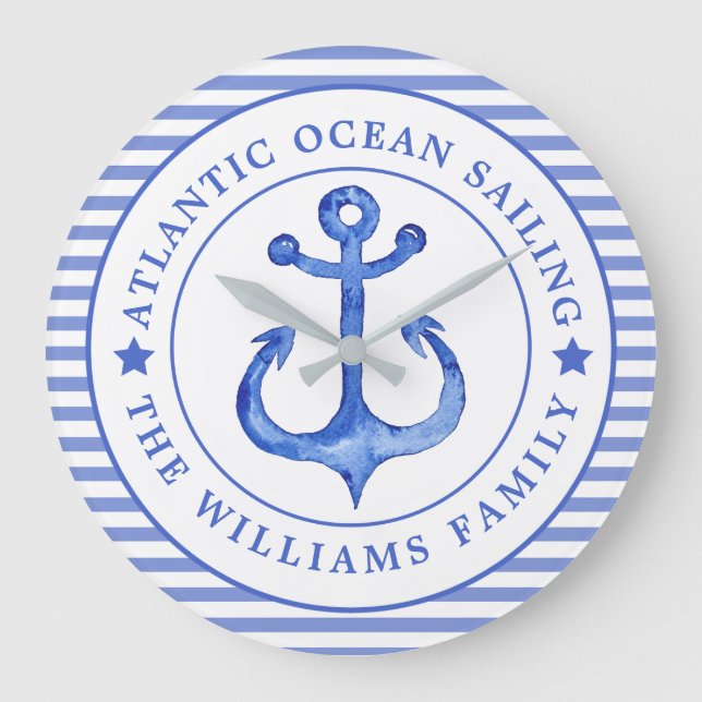 Nautical Anchor Navy Blue Striped Personalised Large Clock (Front)
