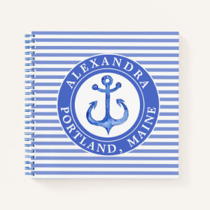 Nautical Anchor Navy Blue Striped Personalised Notebook