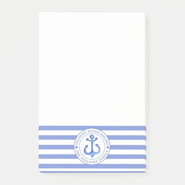 Nautical Anchor Navy Blue Striped Personalised Post-it Notes (Front)