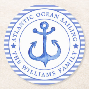 Nautical Anchor Navy Blue Striped Personalised Round Paper Coaster