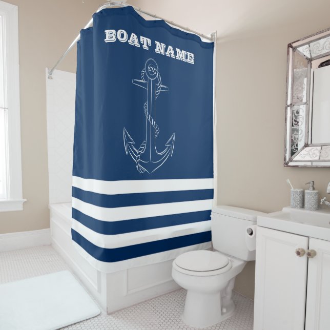 Nautical, Anchor Navy Blue Striped Sailor Shower Curtain (In Situ)