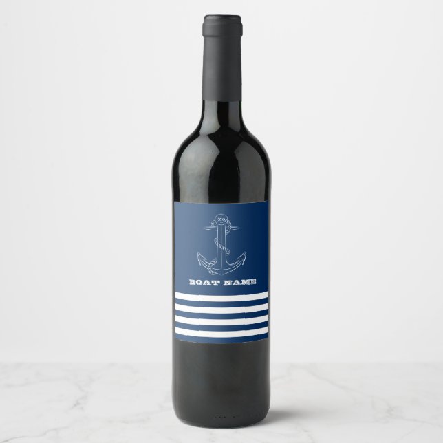 Nautical Anchor Navy Blue Striped  Sailor Wine Label (Front)