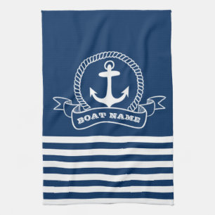 Nautical Anchor Navy Blue Striped  Tea Towel