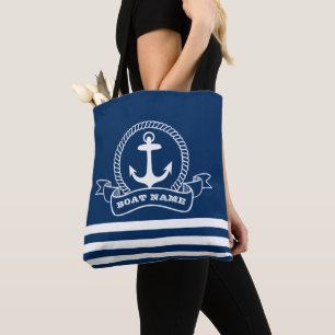 Nautical Anchor Navy Blue Striped Tote Bag