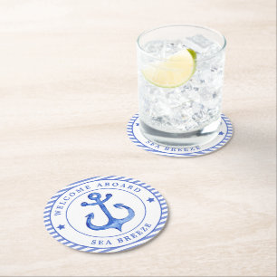Nautical Anchor & Navy Blue Striped w. Boat Name Round Paper Coaster
