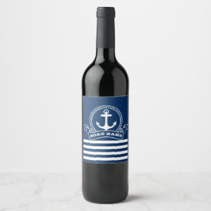 Nautical Anchor Navy Blue Striped Wine Label