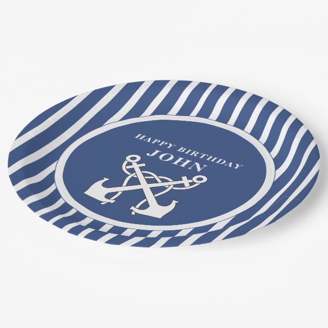 Nautical Anchor Navy Blue Stripes Birthday  Invita Paper Plate (Angled)
