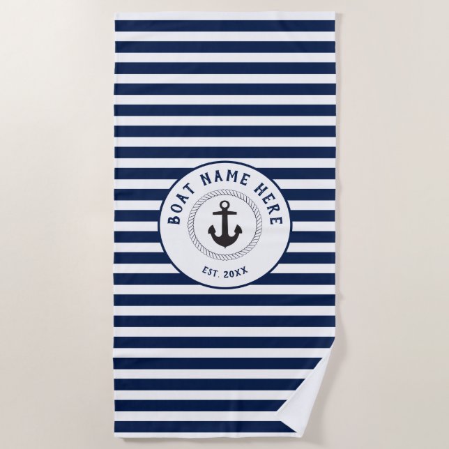 Nautical Anchor Navy Blue Stripes Boat Name Beach Towel (Front)