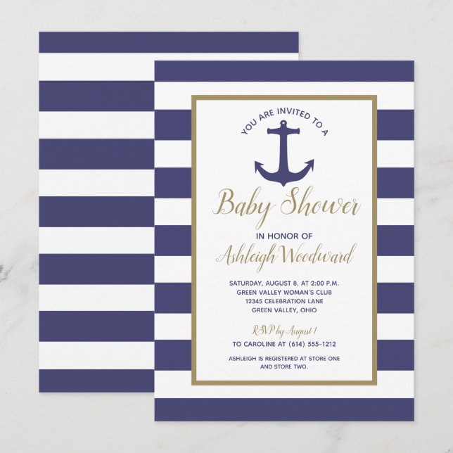 Nautical Anchor Navy Blue Stripes Boy Baby Shower Invitation (Front/Back)